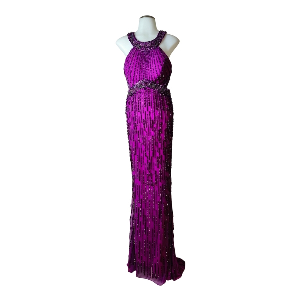 Sherri Hill Crystal Beaded Column Dress Magenta